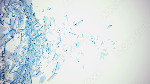 Abstract broken blue glass into pieces isolated on white background. 3d illustration