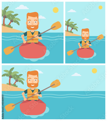 Man riding in kayak vector illustration.