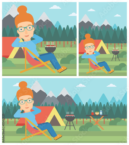 Woman sitting in folding chair in the camp.