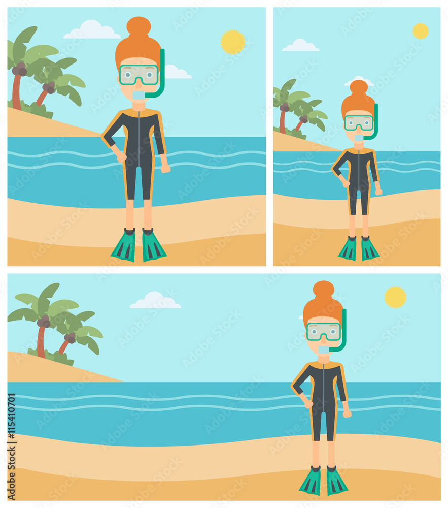 Female scuba diver on beach vector illustration.