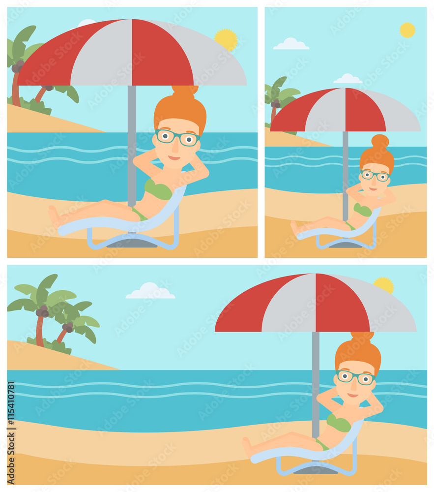 Woman relaxing on beach chair vector illustration.