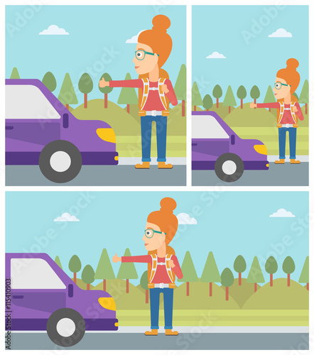 Young woman hitchhiking vector illustration.