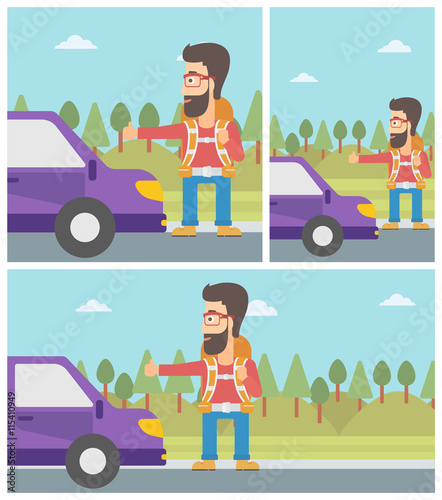 Young man hitchhiking vector illustration.