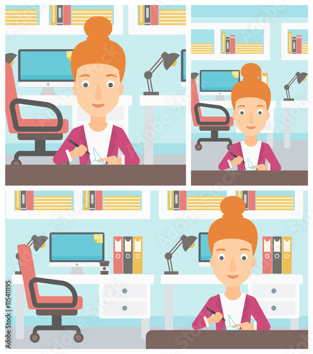 Woman using three D pen vector illustration.