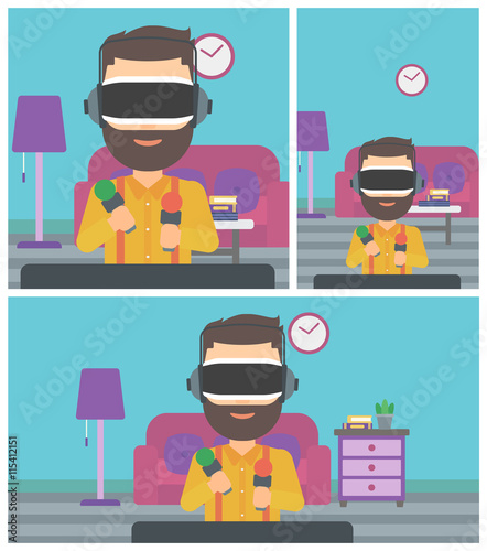 Man in virtual reality headset playing video game.