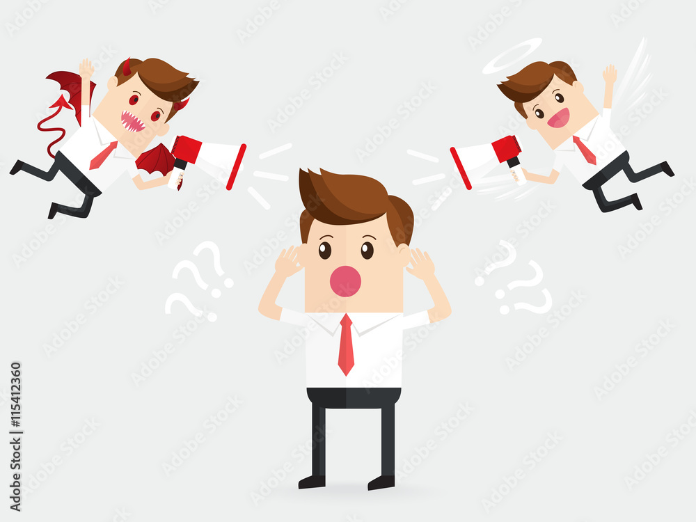 businessman or manager confusing with demon and angel help to decide