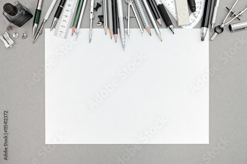Canvas Print workplace with blank sheet of paper and various drawing tools