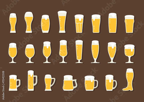 Flat icon beer with foam in beer mugs and glasses