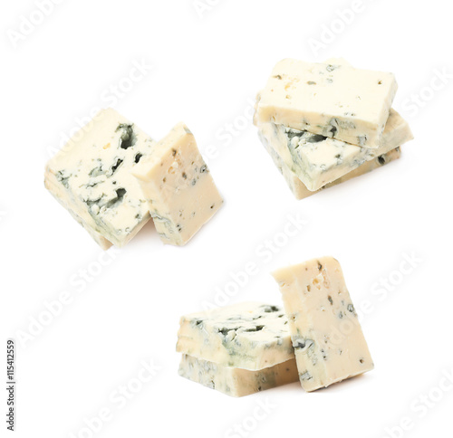 Pile of blue cheese slices isolated