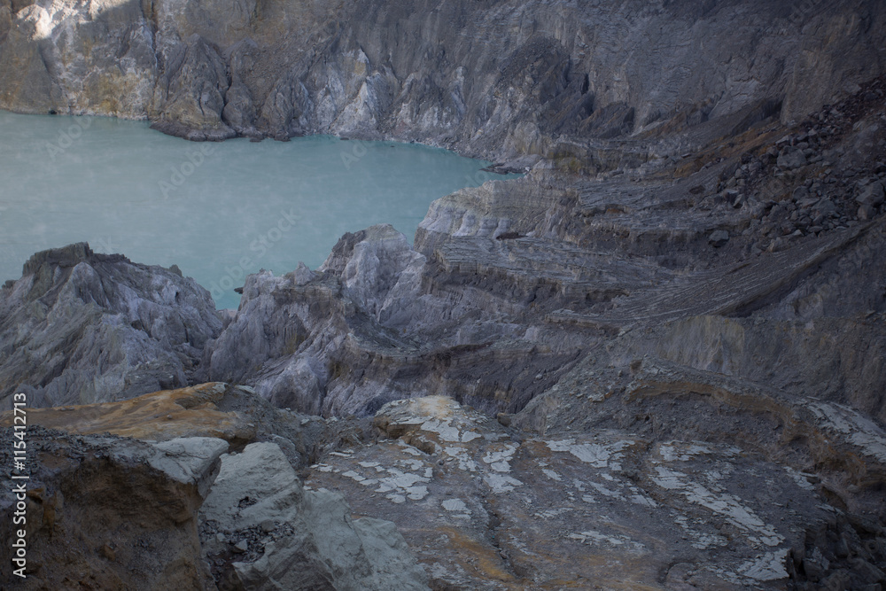 The acid sulphur lake at Kawah Ijen crater. Indonesia