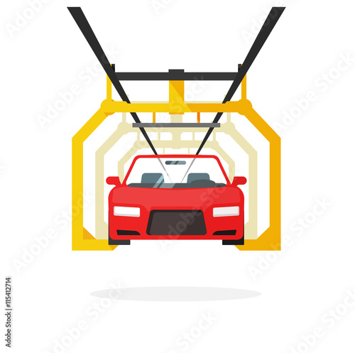 Car production line vector illustration auto maintenance process, automobile manufacturing, emergency service, product release technology industry, repairs template, robot machinery industry design.