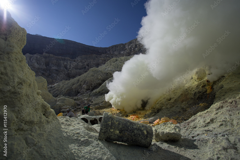Fototapeta premium Sulfur mine Inside crater of Ijen volcano, East Java, Indonesia