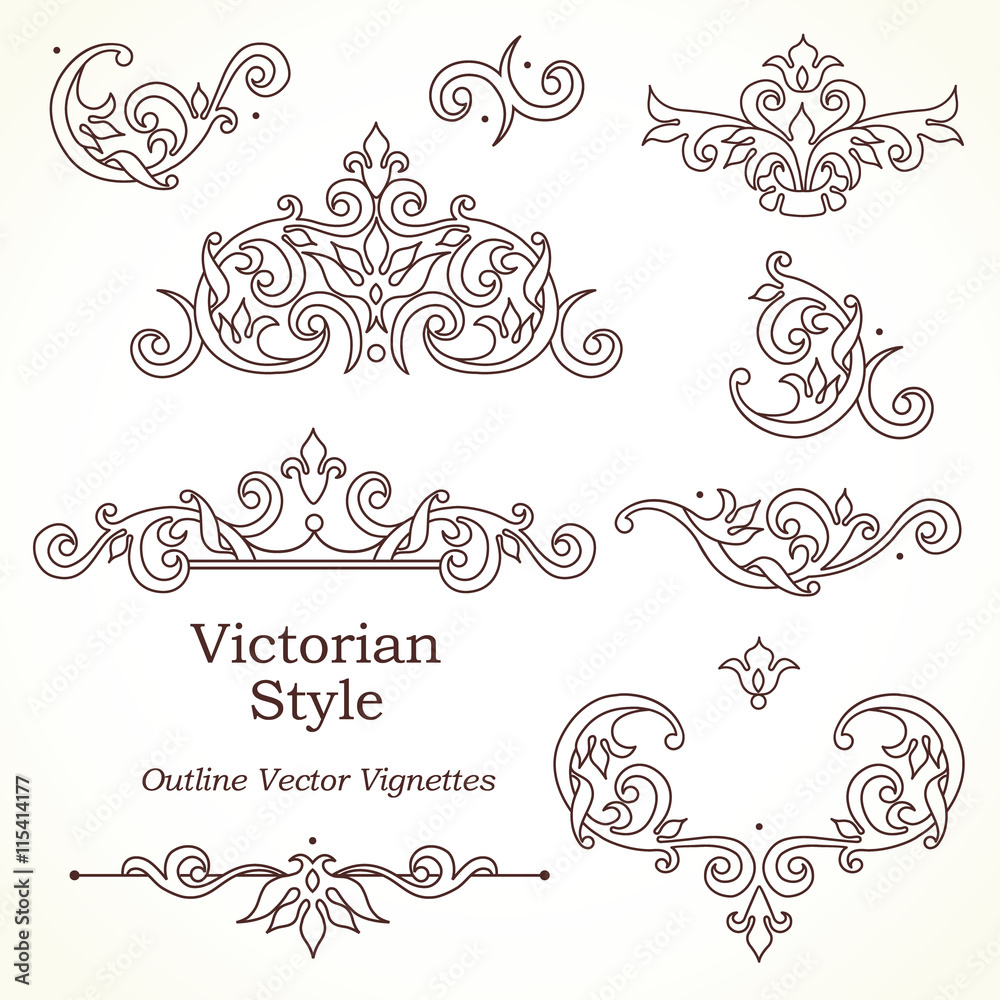 Vector set of vintage vignettes in Victorian style.