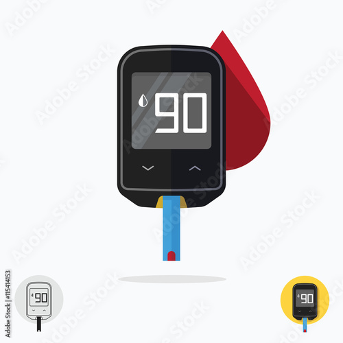 Home glucometer diabetes flat pharmacy concept, medical measuring portable technology analysis hypoglycemic glycemic, glucose test tool isolated white background modern design vector illustration