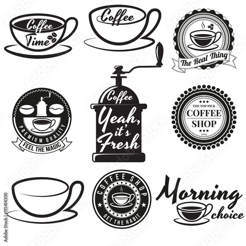 Set of vintage coffee badges and signs. Contains coffee cups, coffee beans, coffee mills and other design elements combined with different coffee slogans. For coffee shops, restaurants or cafes.