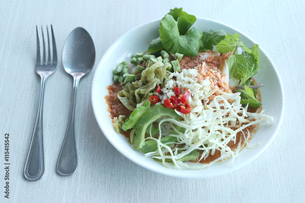 Local Thai foods of Rice Vermicelli is name KHANOM CHIN.