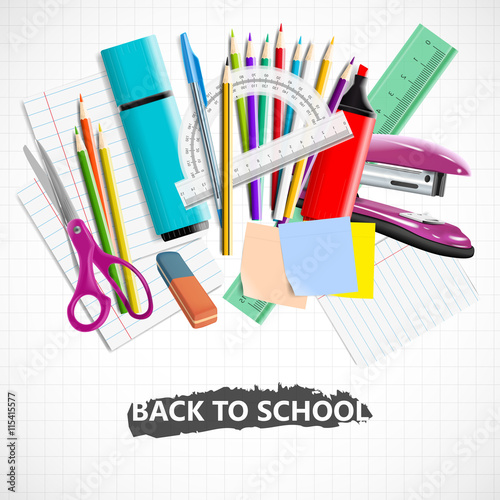 Stationery equipment. Back to school background with blackboard and school supplies.Stationery equipment. Office and school supplies. Vector realistic illustration 