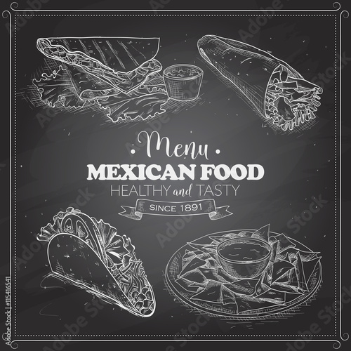 scetch of mexican food menu on a black board