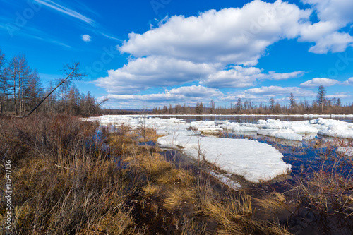 Landscape ice drift on the river in the early spring on a sunny day,