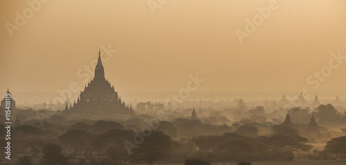 The pagoda forest ancient city of Bagan  scene panoramic with hot air flow balloons