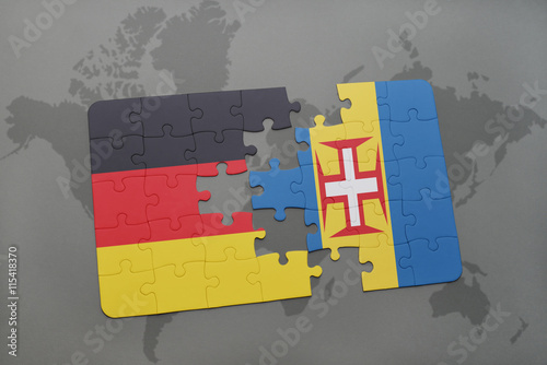 puzzle with the national flag of germany and madeira on a world map background.