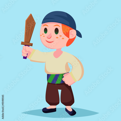 Funny cute cartoon Boy pirate kid with wooden sword.