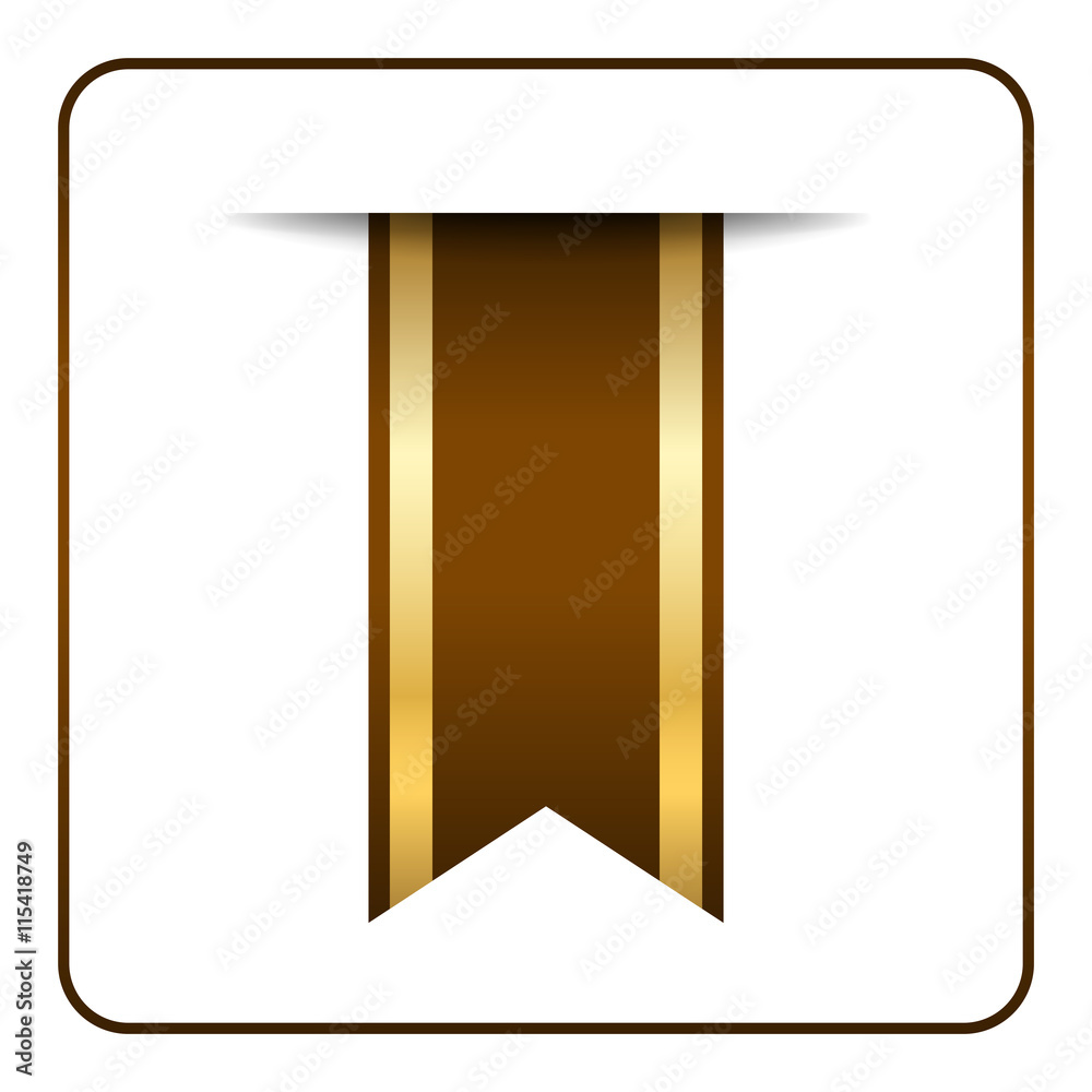 Brown and gold bookmark banner. Vertical book mark, isolated on white background. Color tag, label. Flag symbol, sign. Design element blank. Empty sticker for sale. Template icon. Vector illustration Brown and gold bookmark banner. Vertical book mark, isolated on white background. Color tag, label. Flag symbol, sign. Design element blank. Empty sticker for sale. Template icon. Vector illustration