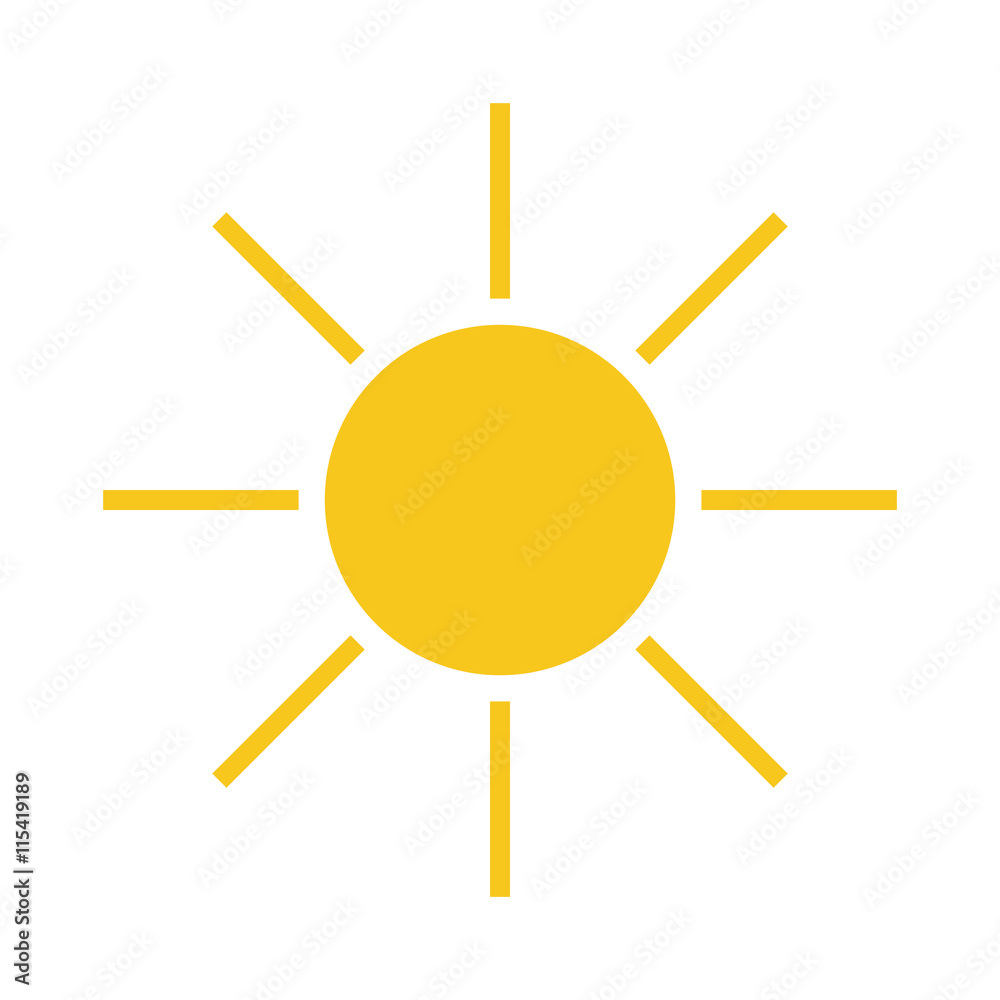 Sun icon. Light sign with sunbeams. yellow design element, isolated on white background. Symbol of sunrise, heat, sunny and sunset, sunlight. Flat modern style for weather forecast Vector Illustration Sun icon. Light sign with sunbeams. yellow design element, isolated on white background. Symbol of sunrise, heat, sunny and sunset, sunlight. Flat modern style for weather forecast Vector Illustration