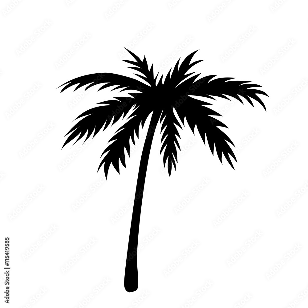One palm tree outline. Black coconut tree silhouette isolated on white background. Symbol of tropical nature, beach, summer holiday, travel. Floral exotic landscape. Natural design Vector illustration One palm tree outline. Black coconut tree silhouette isolated on white background. Symbol of tropical nature, beach, summer holiday, travel. Floral exotic landscape. Natural design Vector illustration