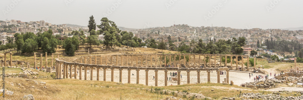 Panroama of the Roman Oval Forum in the Roman city of Jerash, Jo