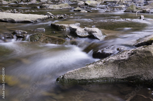 The river - flowing water between the rocks.