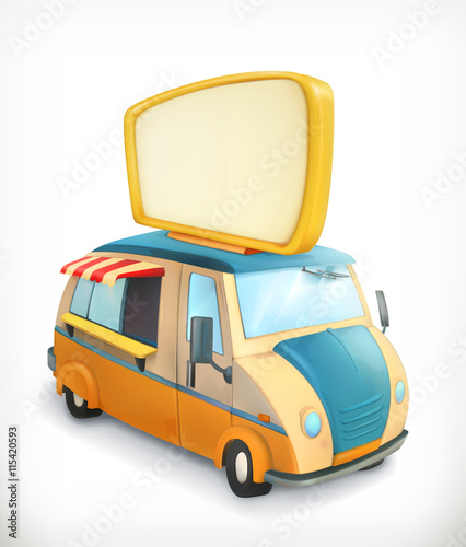 Car with banner, food cart, vector graphic element