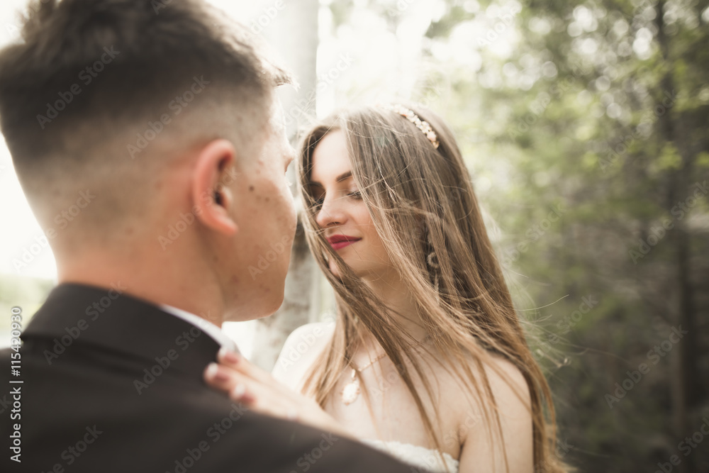 Kissing wedding couple staying over beautiful landscape