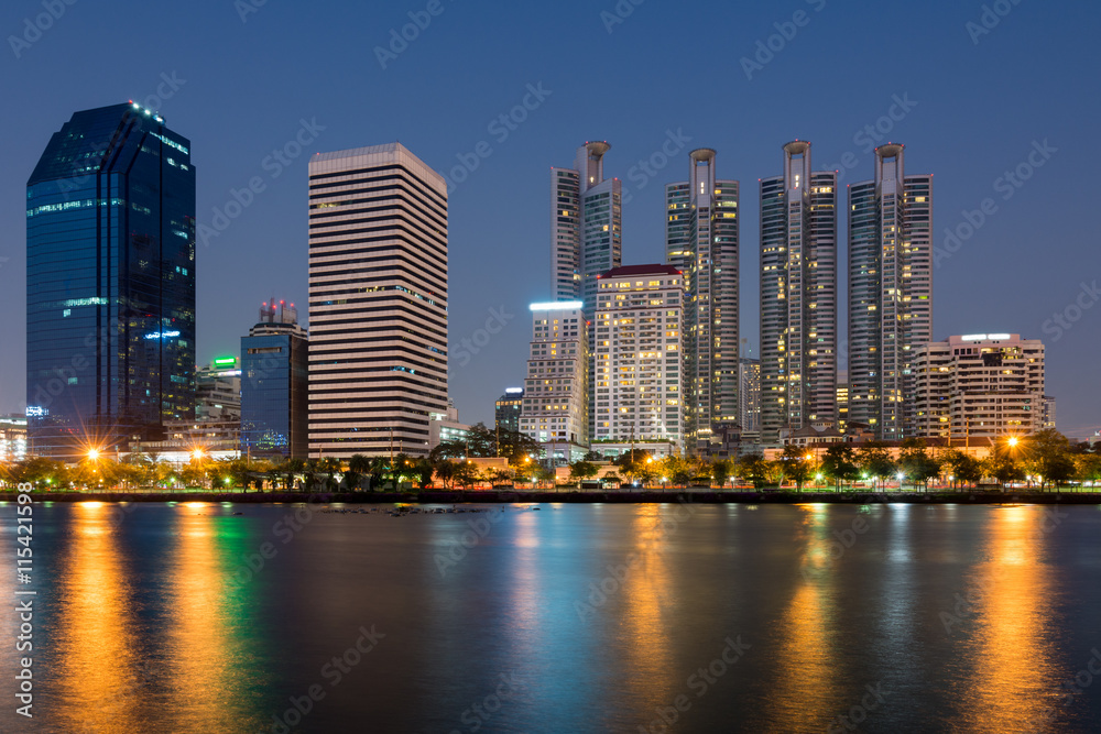 Bangkok cityscape view from Benjakitti public park at night, Tha