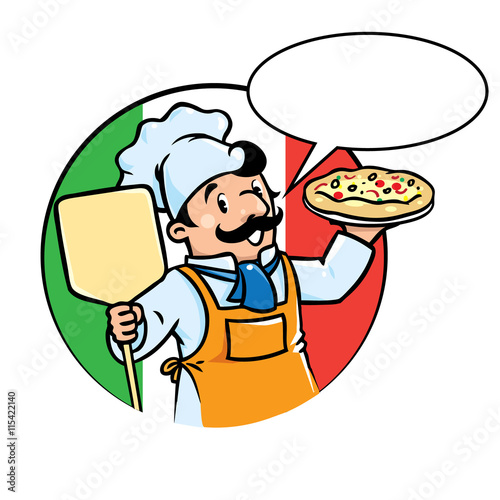Emblem of funny cook or baker with pizza