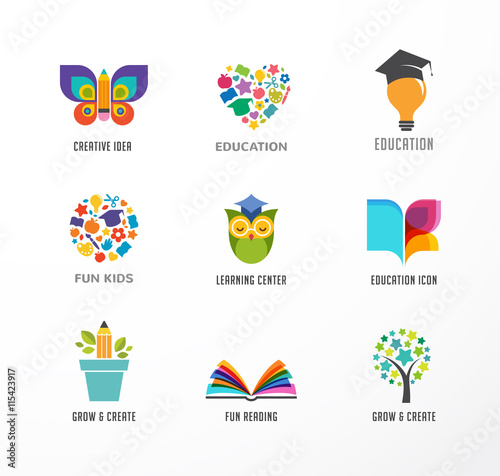 Education icons, elements set. Book, student hat, owl and tree symbols