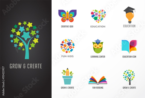 Education icons, elements set. Book, student hat, owl and tree symbols