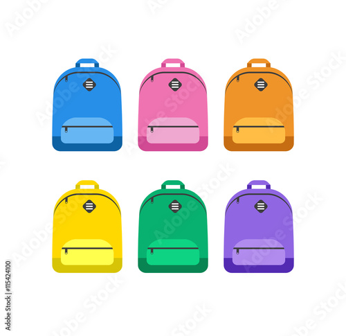 Student bag, backpack colorful set of icons. Back to school concept