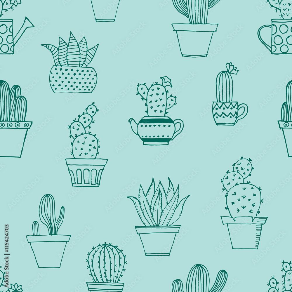 Hand drawn seamless pattern with cute cactus in simple style. Cute cartoon potted cacti pattern. Vector illustration.