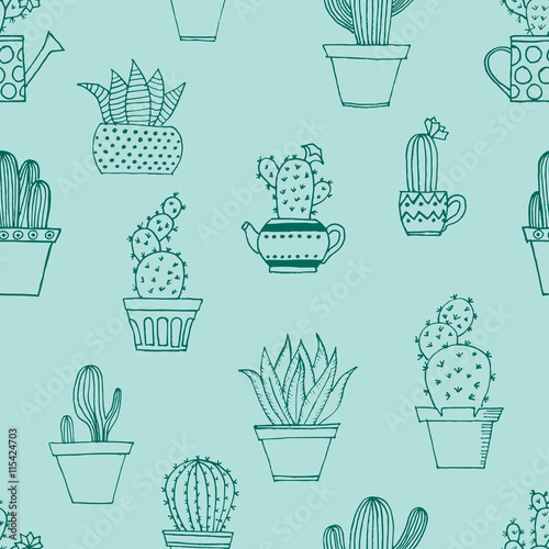 Hand drawn seamless pattern with cute cactus in simple style. Cute cartoon potted cacti pattern. Vector illustration.