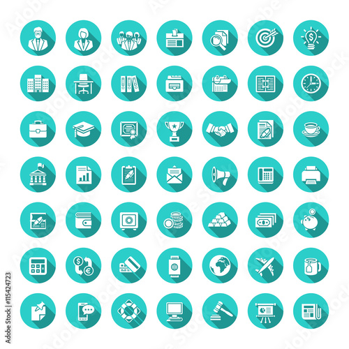 Business flat vector web icons set. Banking, economy and finance symbols. Accounting, law, money and planning company work topics. Corporate infographic design elements. Simple presentation pictograms