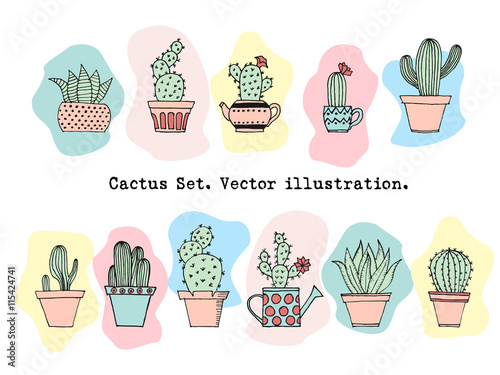 Colorful cactus set in simple hand drawn style. Cute cartoon potted cacti background. Decorative houseplants. Vector illustration.