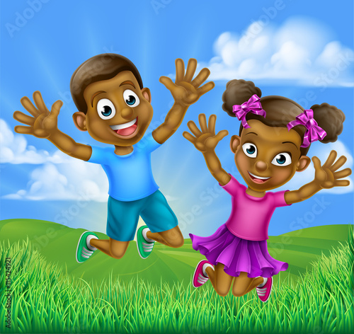 Fototapeta Naklejka Na Ścianę i Meble -  Happy Cartoon Black Kids Jumping