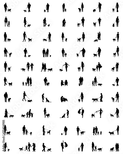 Black silhouettes of people with dogs, vector