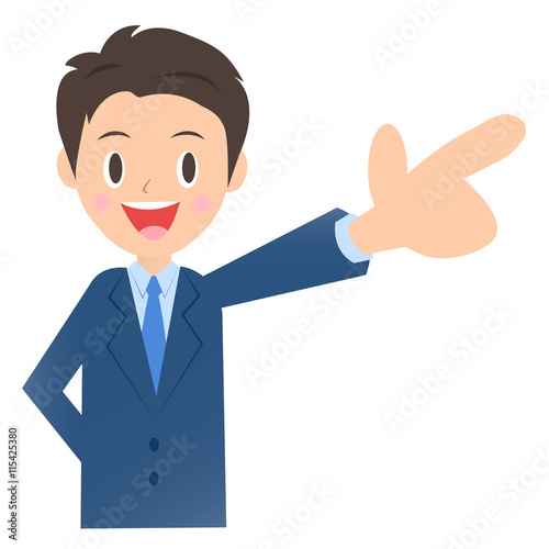 手前を指差すビジネスマン、男性会社員のイラスト素材