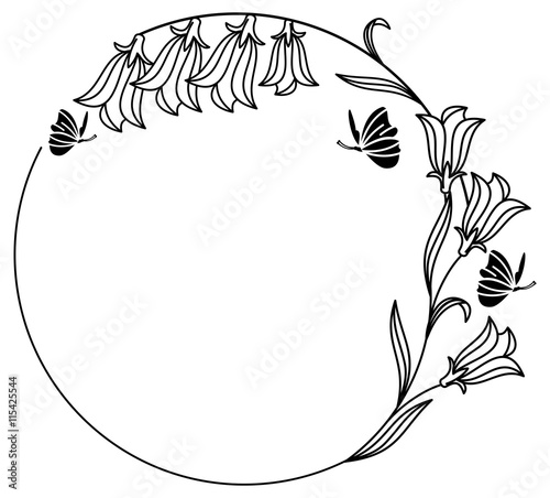 Elegant round frame with bluebells and butterfly. Design element for advertisements, flyer, web, wedding and other invitations or greeting cards.Vector clip art.