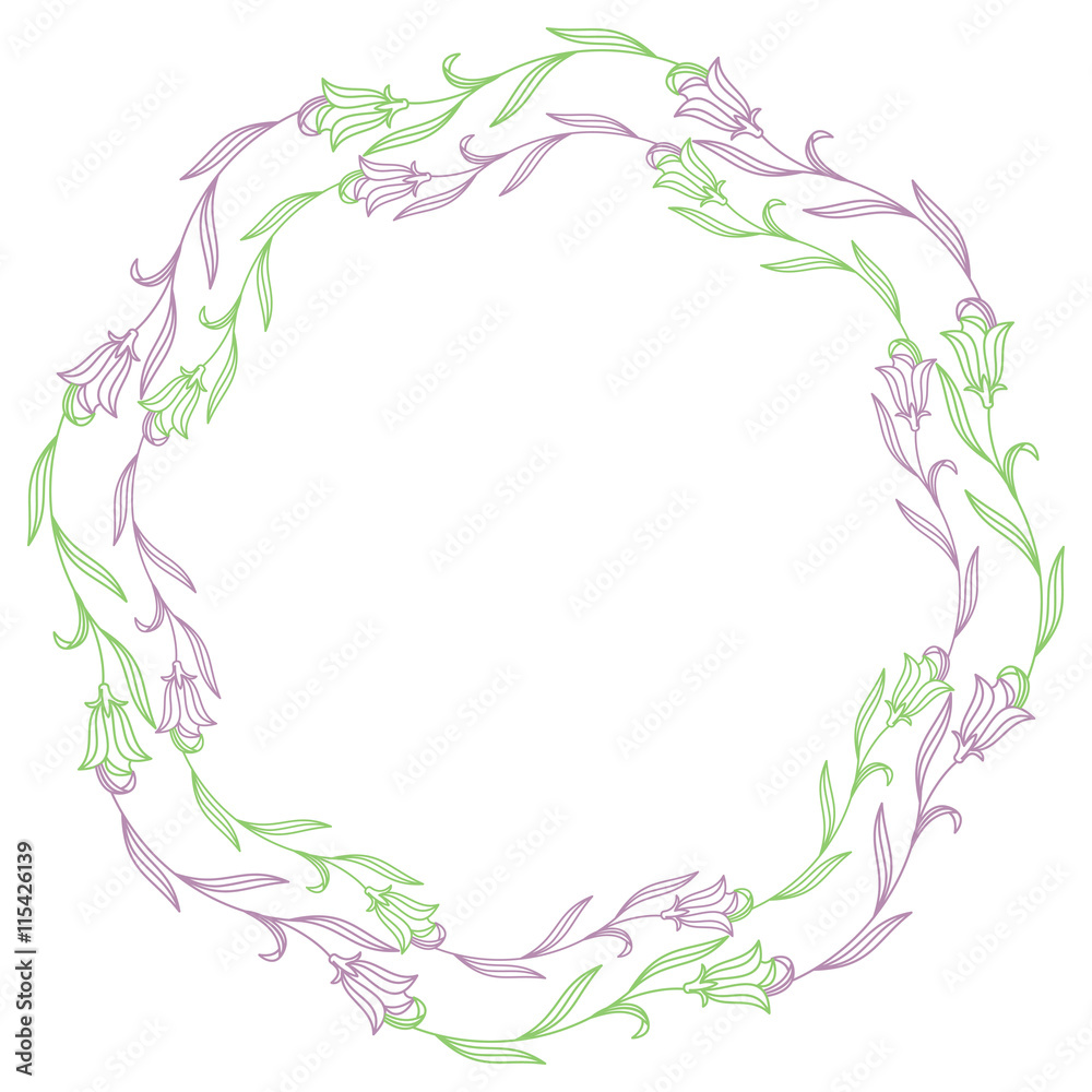 Elegant color round frame with bluebells. Design element for advertisements, flyer, web, wedding and other invitations or greeting cards.Vector clip art.