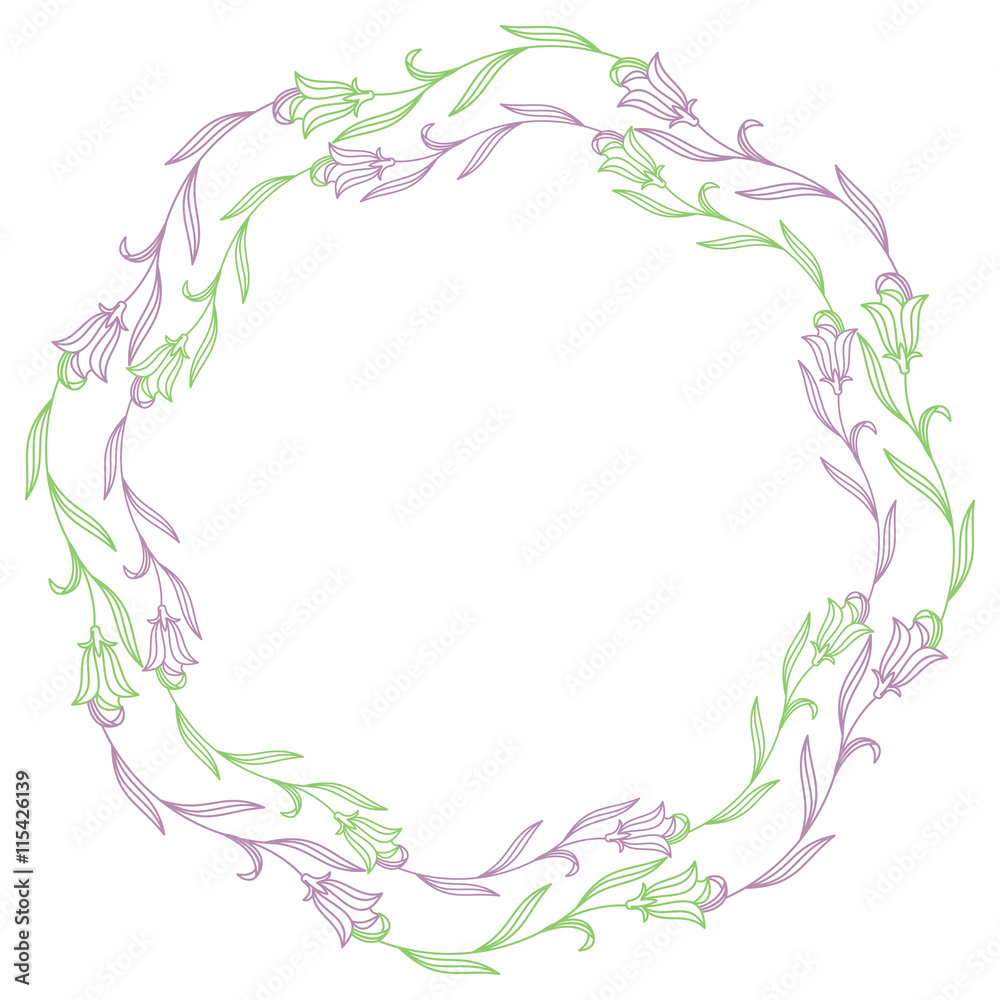 Elegant color round frame with bluebells. Design element for advertisements, flyer, web, wedding and other invitations or greeting cards.Vector clip art. Elegant color round frame with bluebells. Design element for advertisements, flyer, web, wedding and other invitations or greeting cards.Vector clip art.