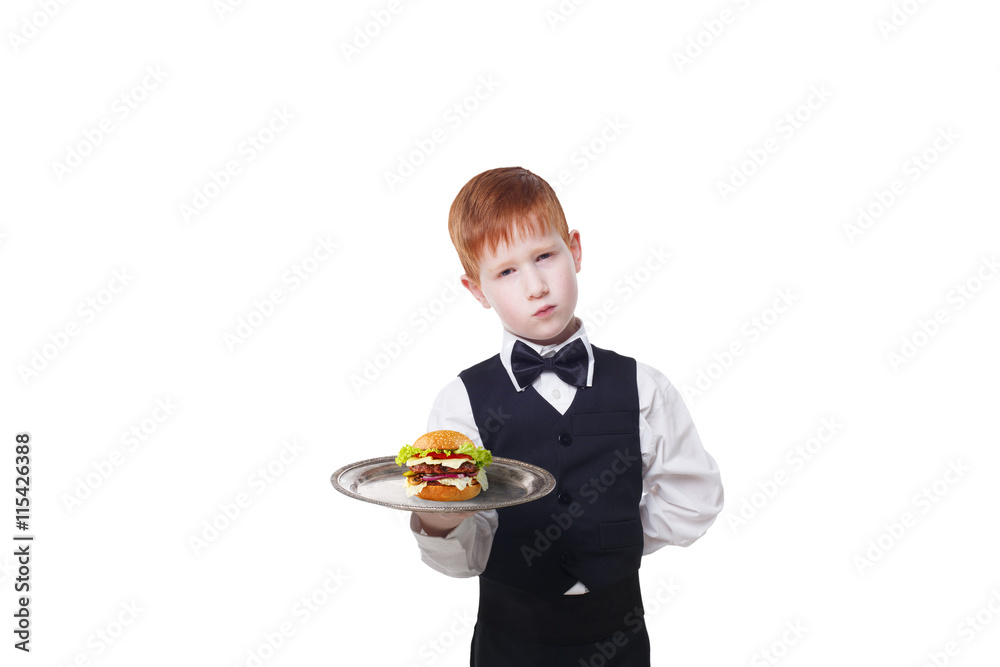 Little sad boy waiter stands with tray serving hamburger Little sad boy waiter stands with tray serving hamburger