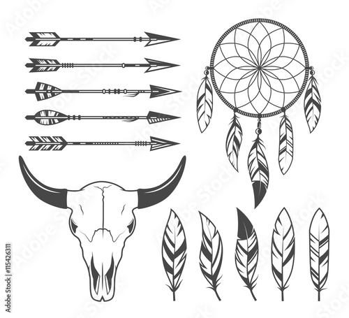 Indian, hunter, tribal objects, vector set